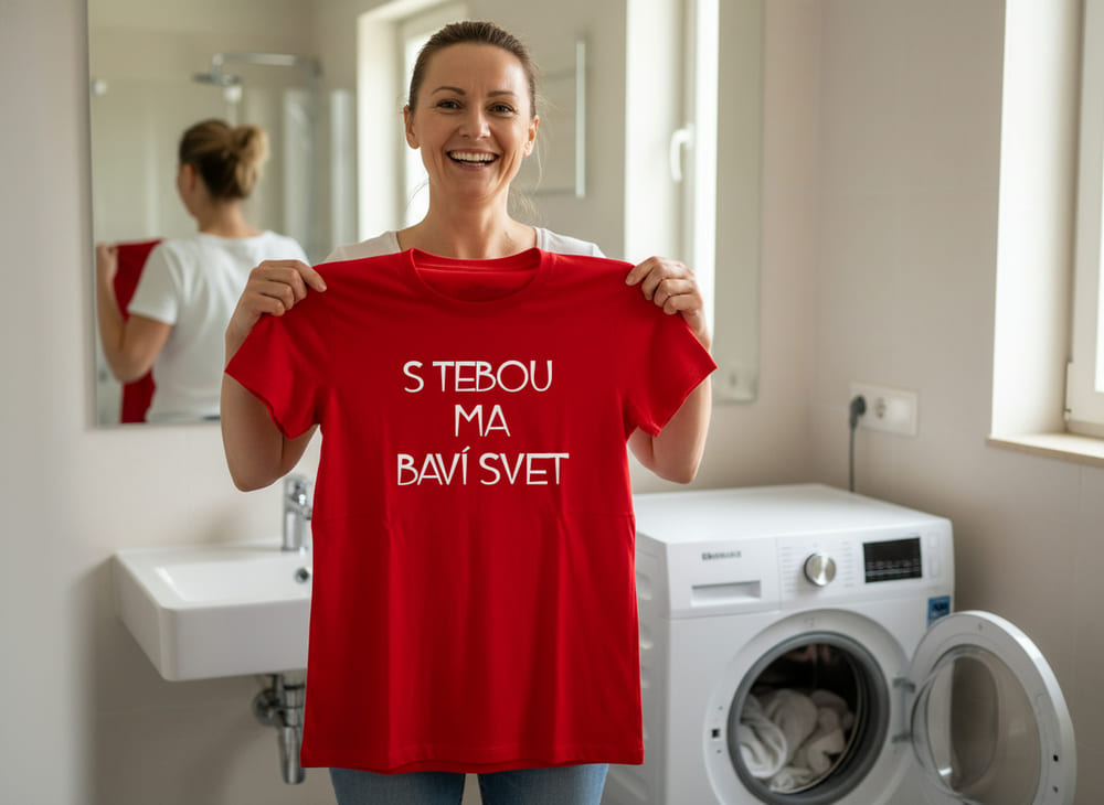 žena v kúpeľni tričko v rukách